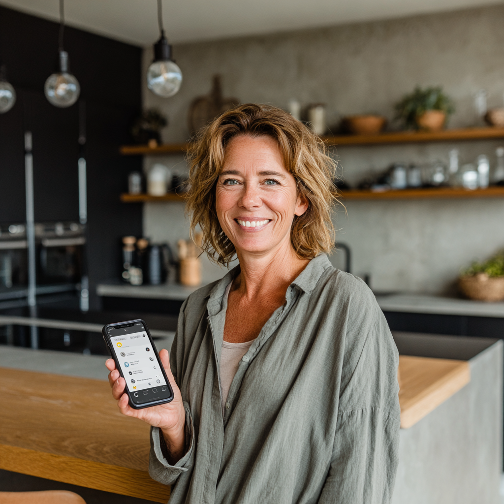 Жінка 52 років з посмішкою тримає смартфон з додатком shonverik на екрані, на тлі сучасної кухні