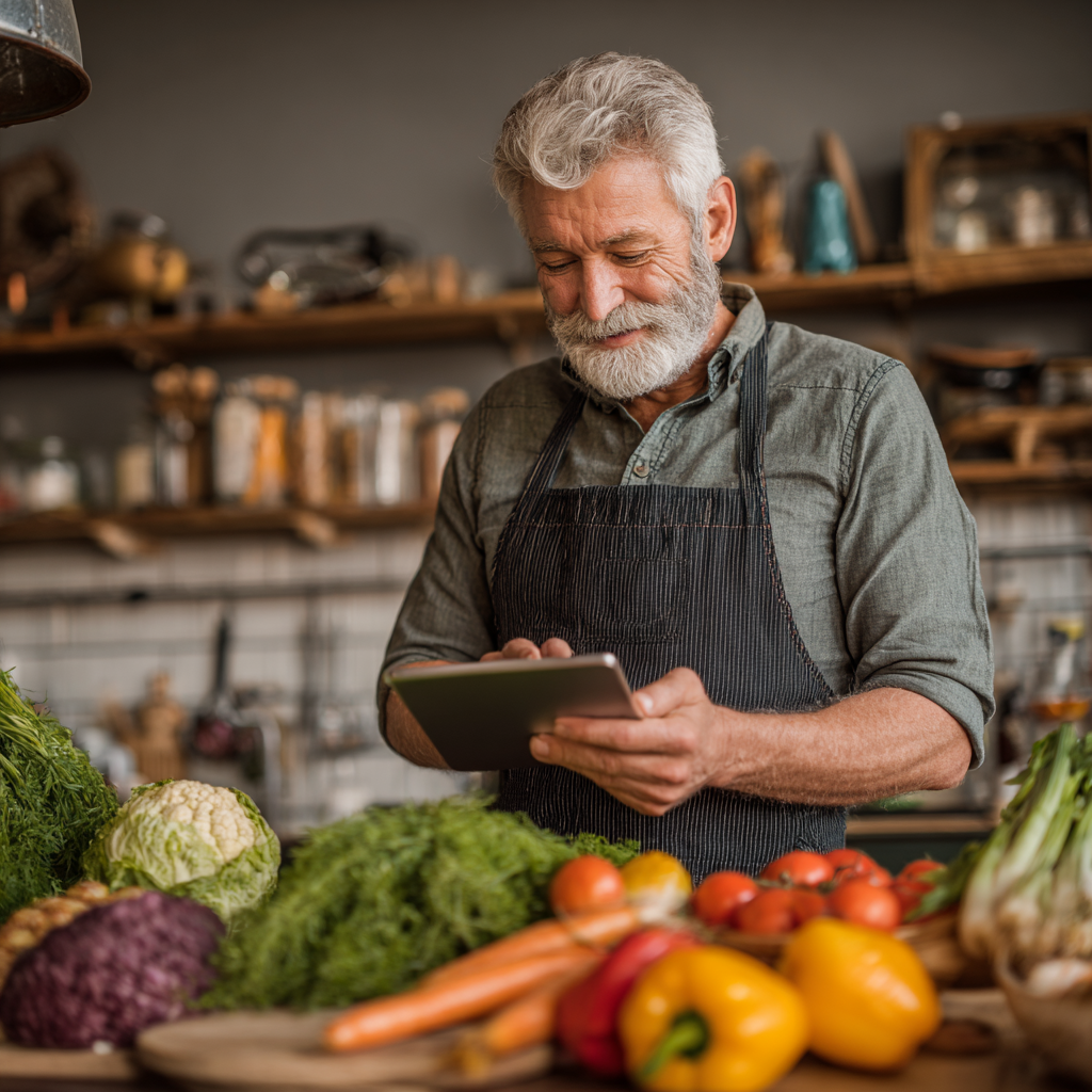 Чоловік 58 років на кухні з планшетом, переглядає персоналізоване меню, на столі свіжі продукти