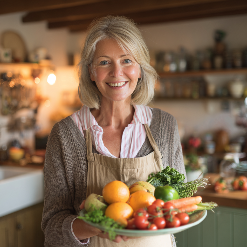 Жінка 55 років з усмішкою тримає тарілку зі свіжими овочами та фруктами на кухні